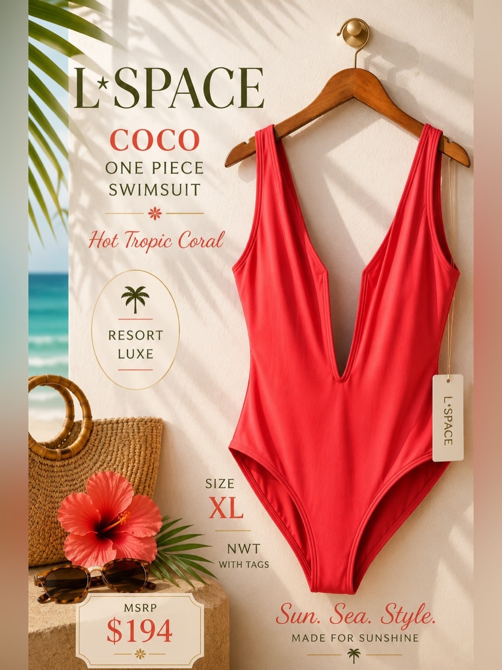 L*Space Coco One Piece Swimsuit Hot Tropic Coral XL NWT MSRP $194